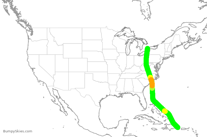 Turbulence forecast map for WJA4452, YYZ to PUJ