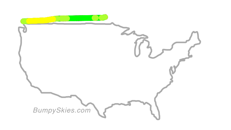 Map of continental US with illustrated flight path and turbulence forecast (described in text below)