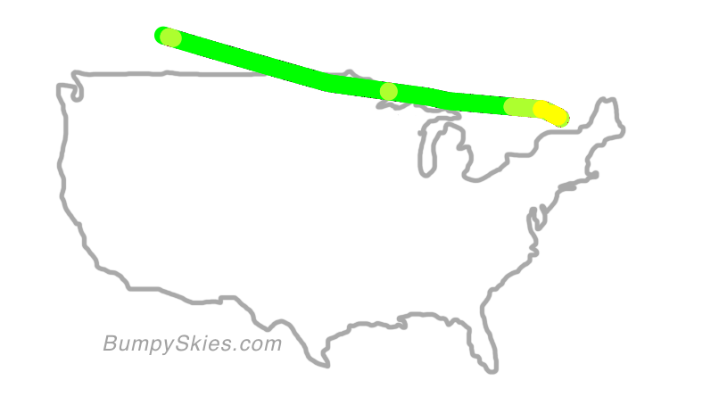 Map of continental US with illustrated flight path and turbulence forecast (described in text below)
