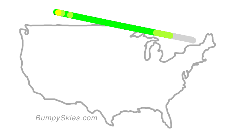Map of continental US with illustrated flight path and turbulence forecast (described in text below)