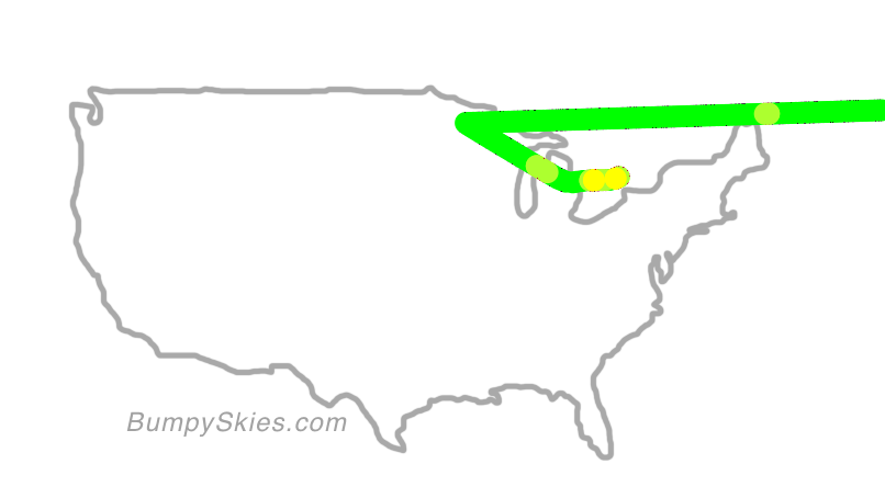 Map of continental US with illustrated flight path and turbulence forecast (described in text below)