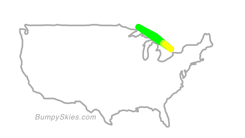 Map of continental US with illustrated flight path and turbulence forecast (described in text below)