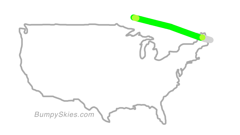 Map of continental US with illustrated flight path and turbulence forecast (described in text below)