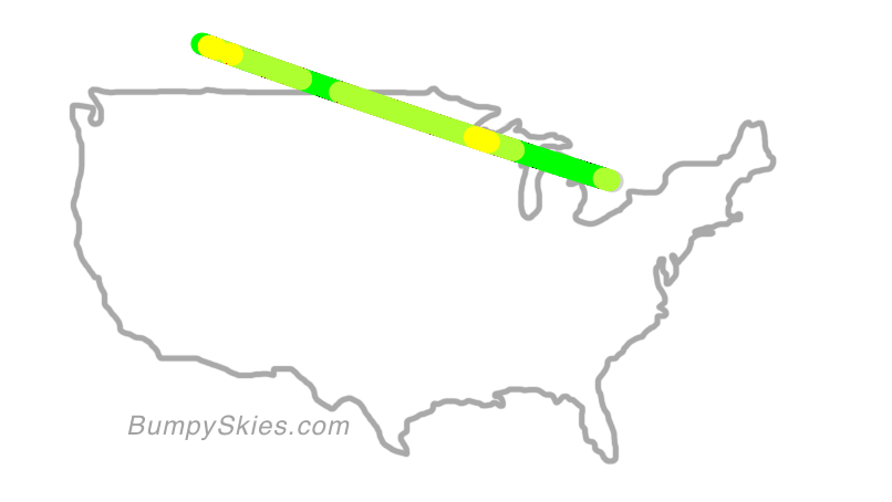 Map of continental US with illustrated flight path and turbulence forecast (described in text below)