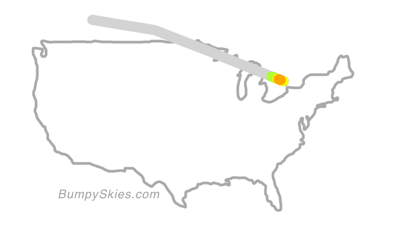 Map of continental US with illustrated flight path and turbulence forecast (described in text below)