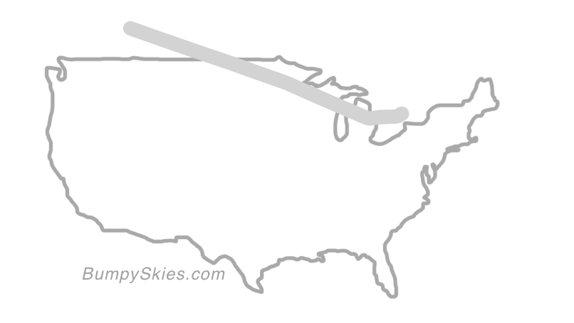 Map of continental US with illustrated flight path and turbulence forecast (described in text below)