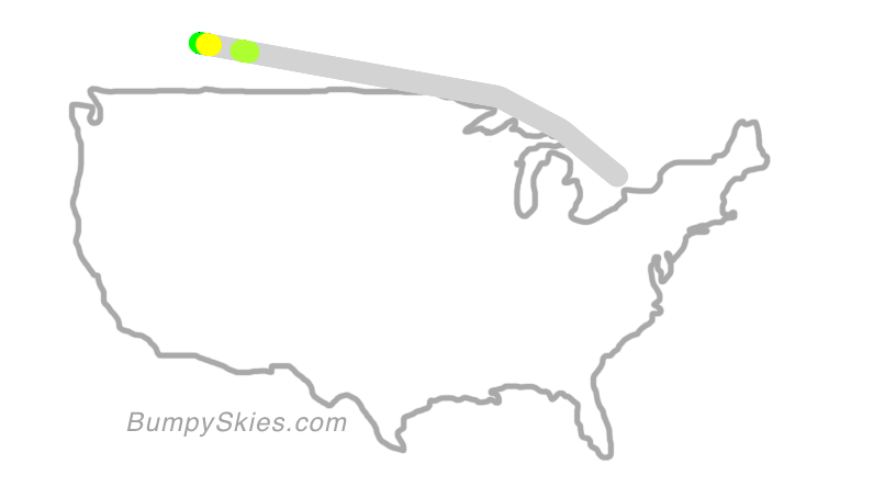 Map of continental US with illustrated flight path and turbulence forecast (described in text below)