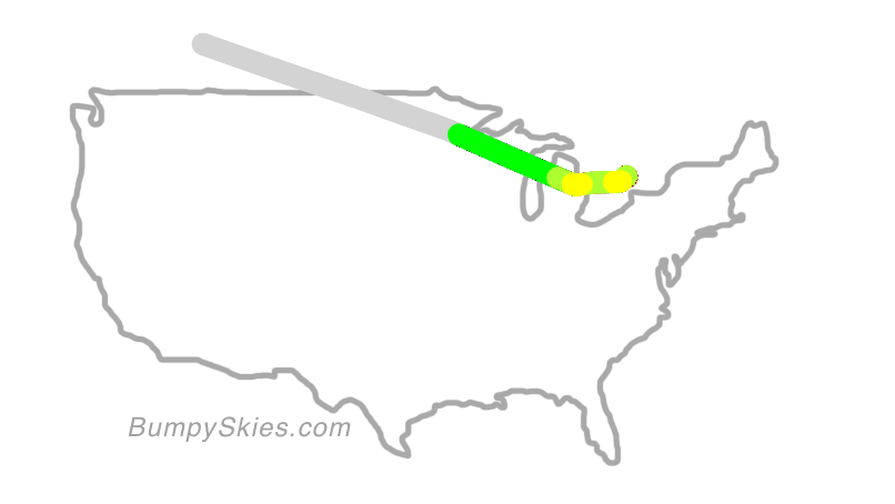 Map of continental US with illustrated flight path and turbulence forecast (described in text below)