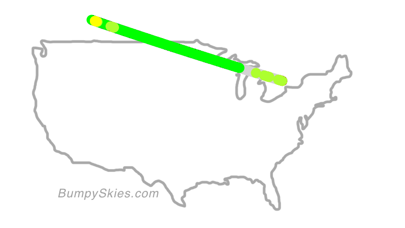 Map of continental US with illustrated flight path and turbulence forecast (described in text below)