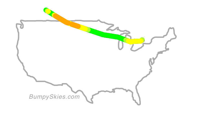 Map of continental US with illustrated flight path and turbulence forecast (described in text below)