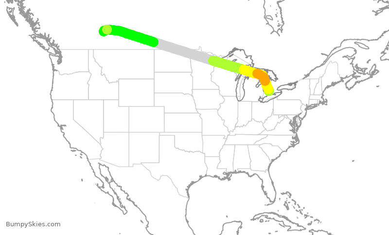 Turbulence forecast map for WJA747, YXU to YYC