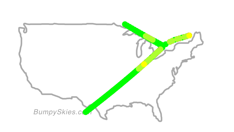 Map of continental US with illustrated flight path and turbulence forecast (described in text below)