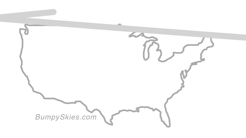 Map of continental US with illustrated flight path and turbulence forecast (described in text below)