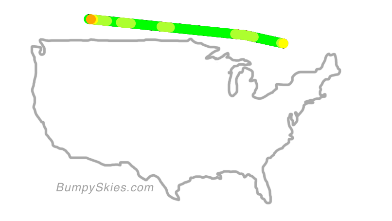 Map of continental US with illustrated flight path and turbulence forecast (described in text below)