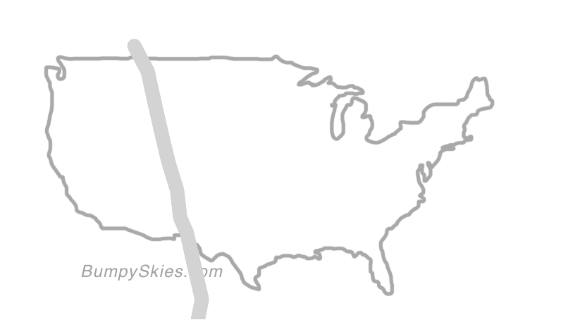 Map of continental US with illustrated flight path and turbulence forecast (described in text below)